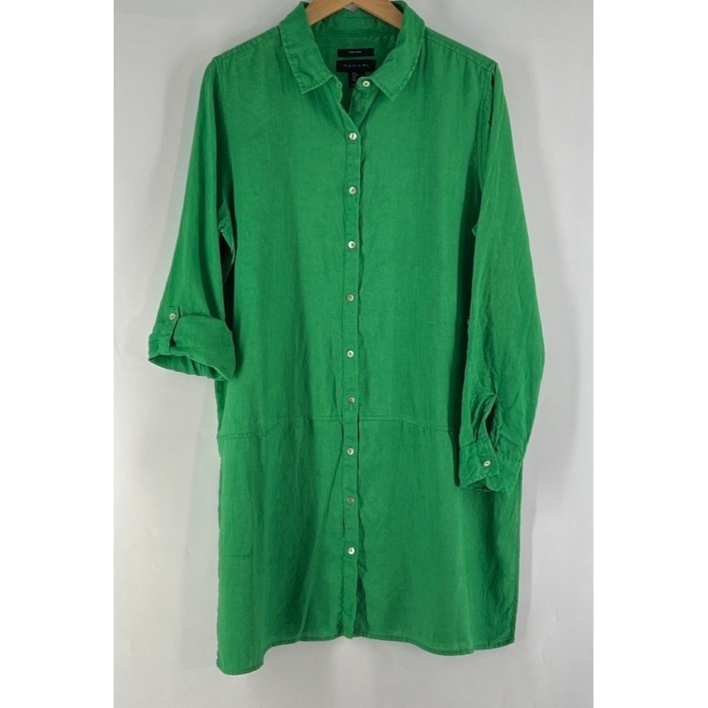 Tahari 100% Linen Tunic Shirt Dress L Green Coastal Lagenlook Coverup Capsule